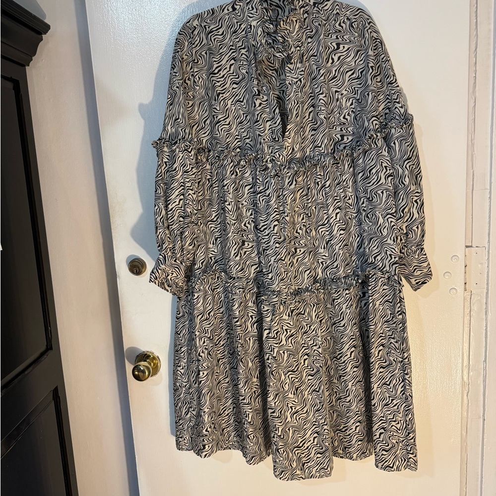 Sandro Black and White Patterned Long Sleeve Dress